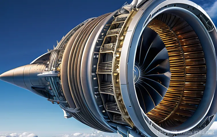 금속재료 연구개발 사례 - **"A close-up, highly detailed image of the internal components of a futuristic jet engine turbine, ...