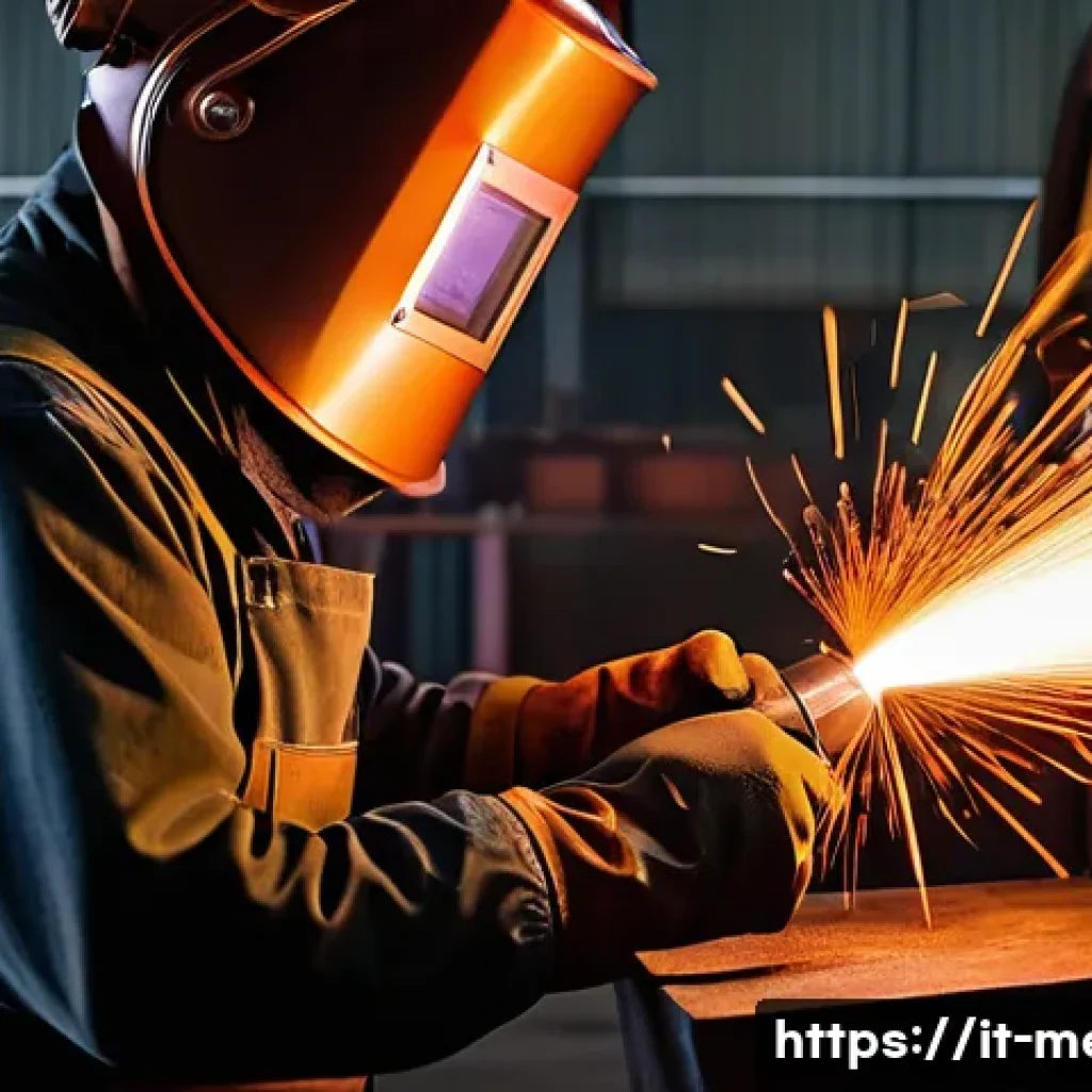 비철금속 용접 사례 연구 - **Prompt:** An experienced welder, with a welding torch producing a strong, concentrated flame, skil...