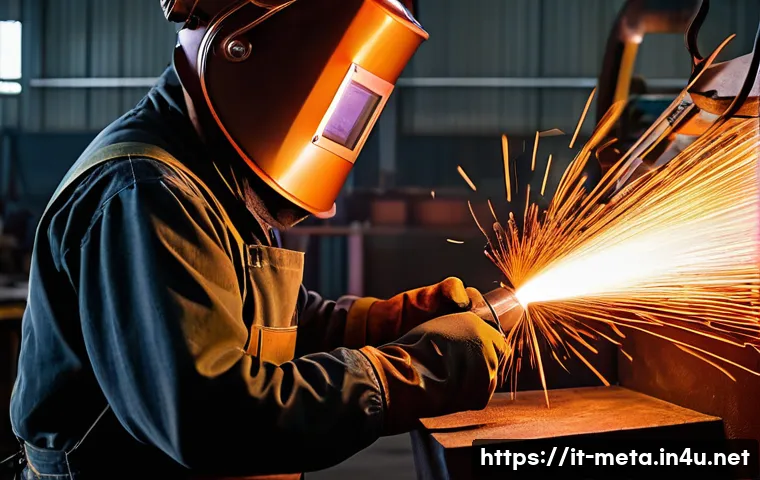 비철금속 용접 사례 연구 - **Prompt:** An experienced welder, with a welding torch producing a strong, concentrated flame, skil...