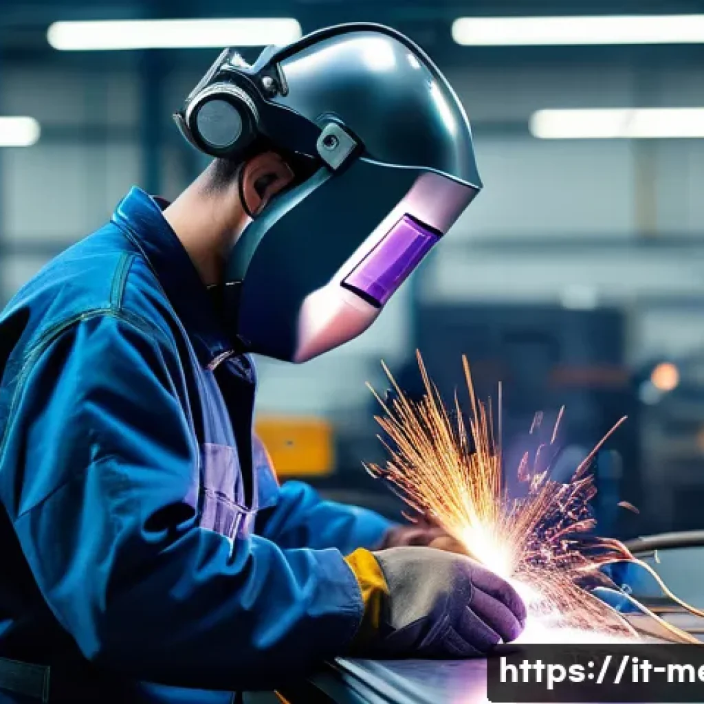 금속재료와 용접기술 연계 - A highly detailed industrial workshop scene showcasing a skilled welder performing TIG welding on a ...