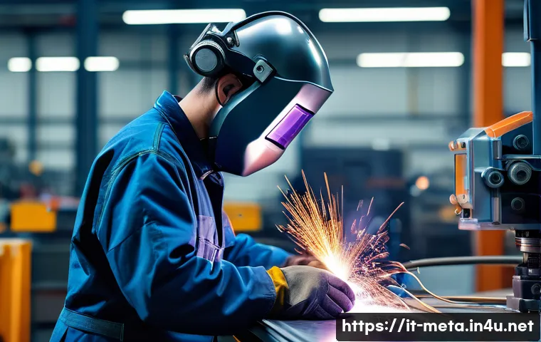 금속재료와 용접기술 연계 - A highly detailed industrial workshop scene showcasing a skilled welder performing TIG welding on a ...