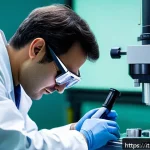 Home 22 금속재료 비파괴검사 이론 - A high-tech industrial laboratory scene showing an engineer wearing safety glasses and a lab coat, c...