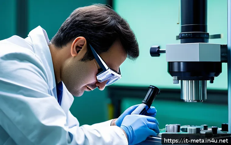 금속재료 비파괴검사 이론 - A high-tech industrial laboratory scene showing an engineer wearing safety glasses and a lab coat, c...