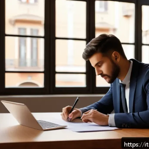 Home 33 금속재료 자격증 시험 일정 - A professional Italian metallurgy certification exam registration scene: a modern office setting wit...