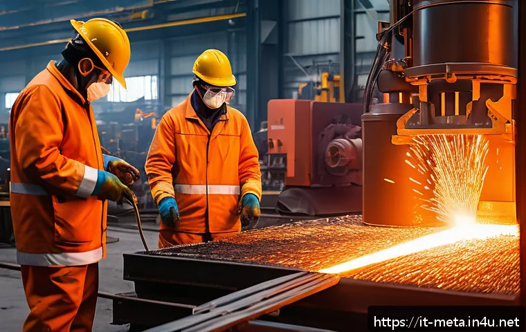 용융 공정 금속학의 이해 - A highly detailed industrial scene inside a modern metal foundry, showcasing a large induction furna...