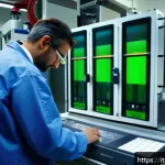 Home 18 금속소재 시험법 실무 - A highly detailed industrial laboratory scene showing a tensile test machine in operation, gripping ...