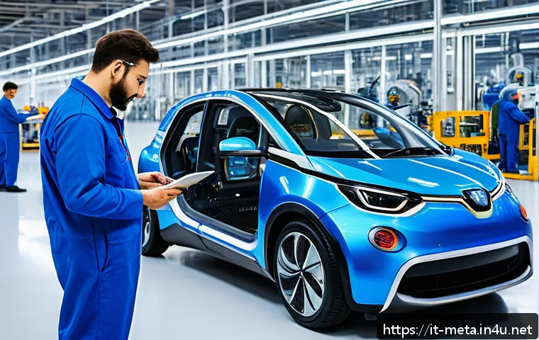 비철금속 활용 사례 - A futuristic Italian electric car manufacturing plant showcasing advanced aluminum alloy components ...