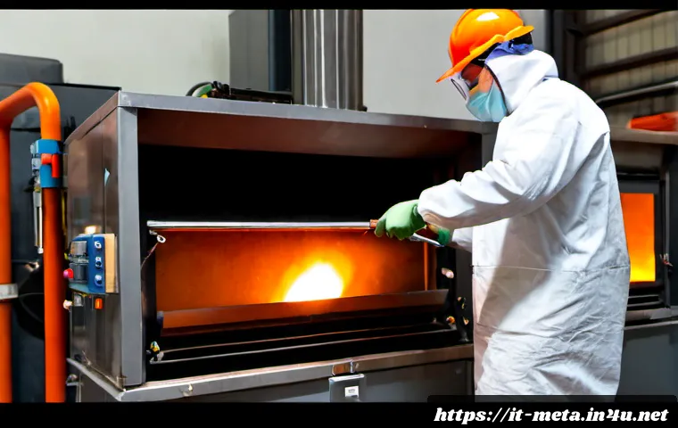 열처리 공정 이론과 실무 - Photorealistic industrial heat-treatment workshop in northern Italy, a skilled technician wearing fu...