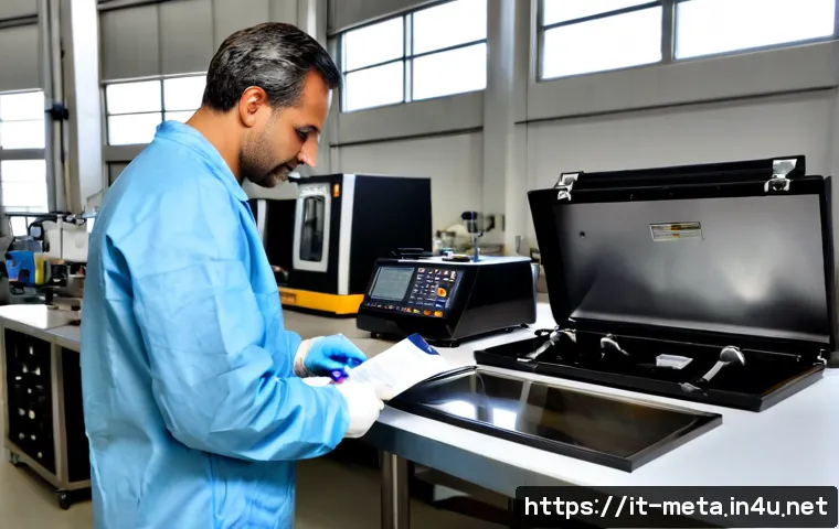 금속소재 인증절차 가이드 - Photorealistic Italian metal certification laboratory, a safety inspector in clean protective clothi...